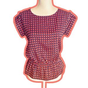 MICHAEL Michael Kors Red, Navy Blue & White Geometric Cinched Waist Top XSP